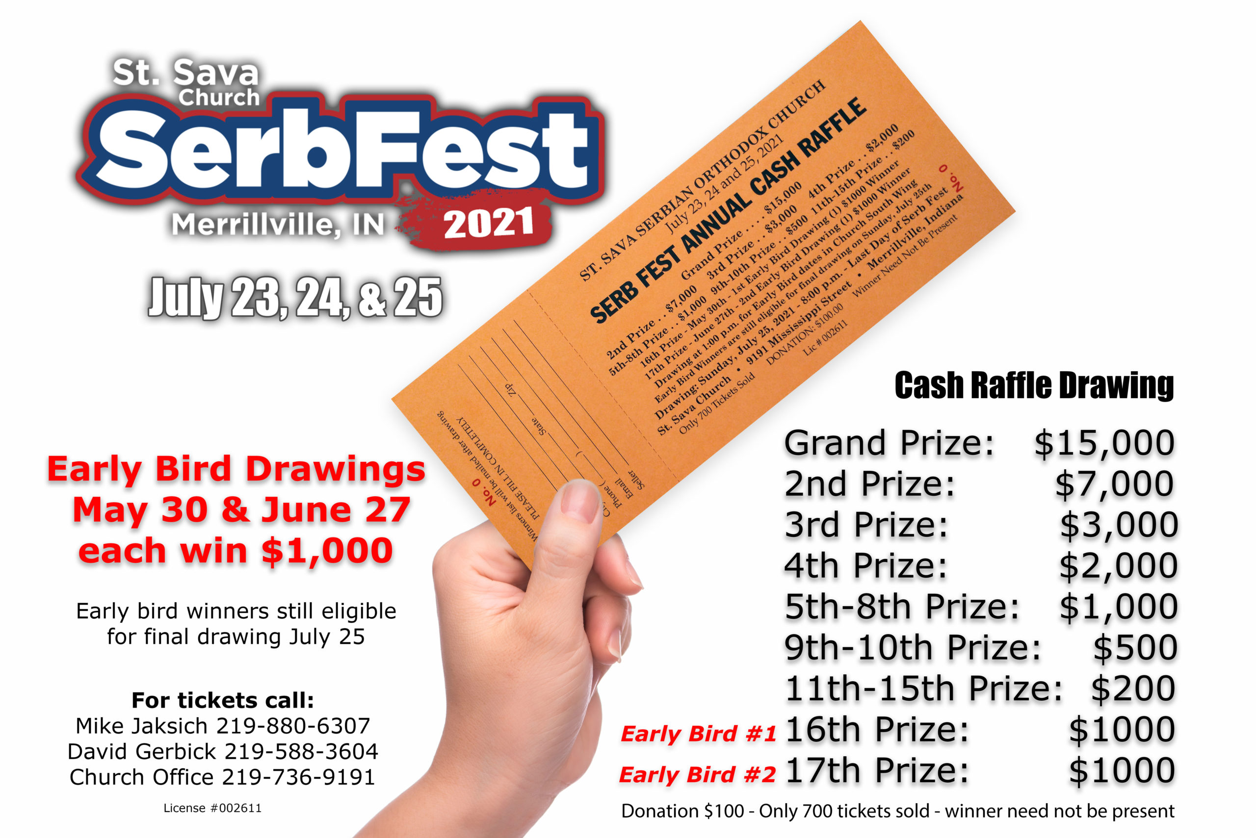 Serb Fest Annual Cash Raffle – Tickets Now Available at St. Sava, Merrillville, IN